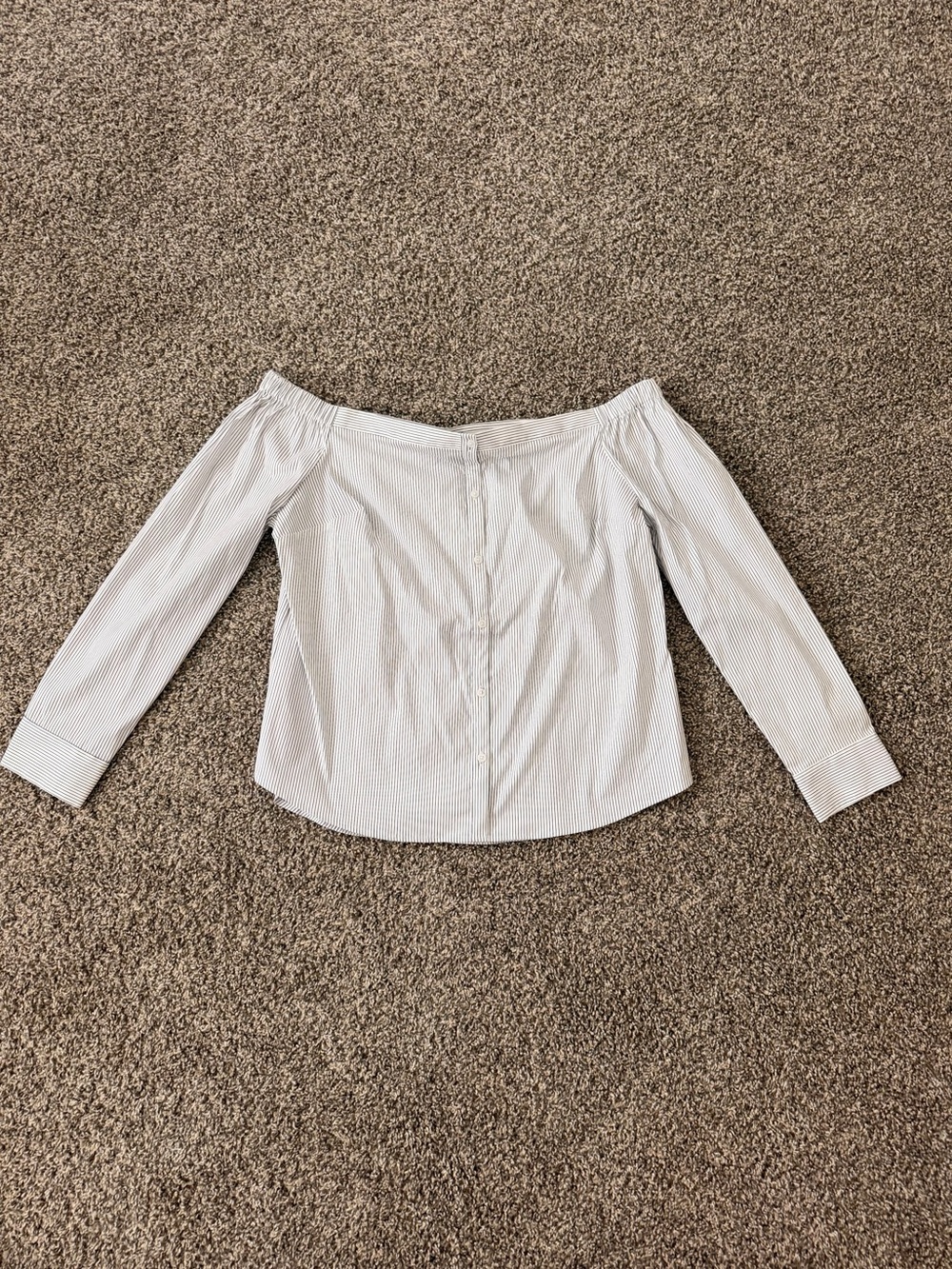 Express Off-Shoulder Button-Front Blouse in White with Thin Stripes